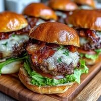 Grilled bacon burger sliders with melted cheese, a perfect Father's Day treat.