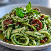 Vibrant zucchini noodles coated in creamy avocado pesto, a healthy and delicious dinner.